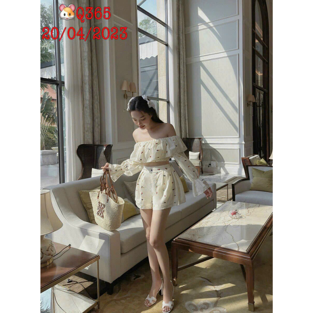 [5,5 Sales Freeship] Set áo trắng in hoa trễ vai tay dài mix quần sooc đùi, set bộ đùi in hoa croptop đi biển th