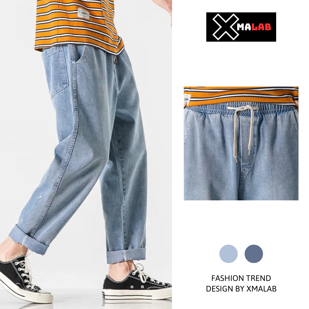 Quần jean nam XMALAB quần baggy màu xanh dáng suông, quần bò nam form suông có dây buộc chất vải jean cao cấp B040