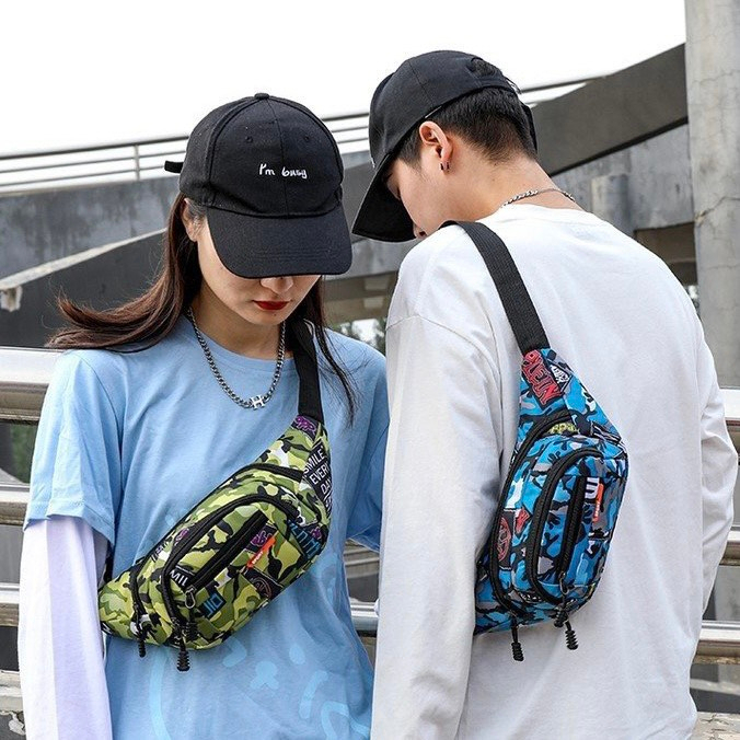 Túi Đeo Chéo Loang Màu Phong Cách HipHop, Túi Bao Tử Mini Vải Canvas Phong Cách Streetwear Đường Phố