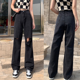 Quần jean nữ mầu xám đen CẠP CAO phong cách phong cách Ulzzang, quần bò jeans nữ rách gối ống suông rộng Moyuhome -Q68