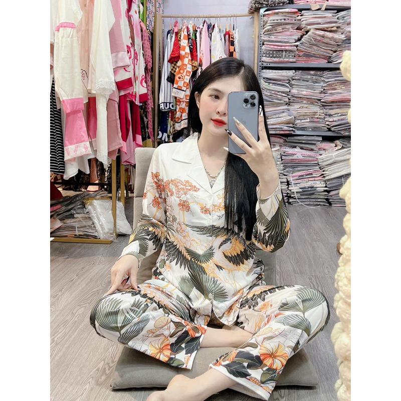 Bộ ngủ Hạc trắng (Size L) dài và ngắn tay,TK lụa tơ.tằm của 2CE