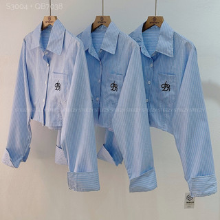 Áo sơ mi croptop kẻ thêu chữ D form rộng
