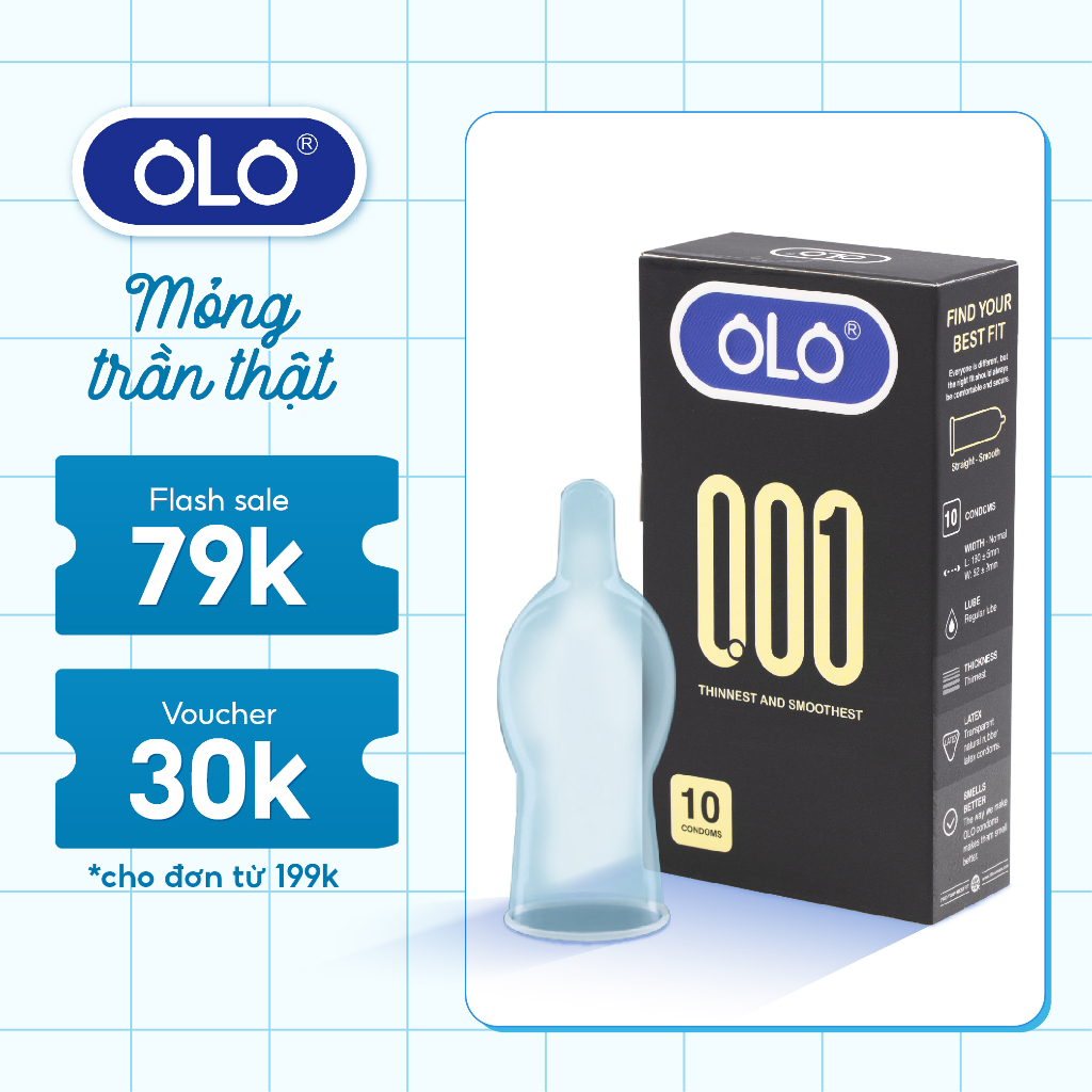 Bao cao su OLO 001 hộp 10 cái - mỏng nhất, size 52mm, hương vani đẳng cấp, nhiều gel bôi trơn, chính hãng