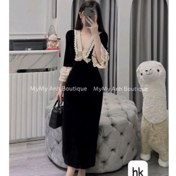 Váy nhung thiết kế viền ren ngực, body dáng dài tiểu thư, sang chảnh đi chơi, đi làm, đi tiệc, đi dạo phố