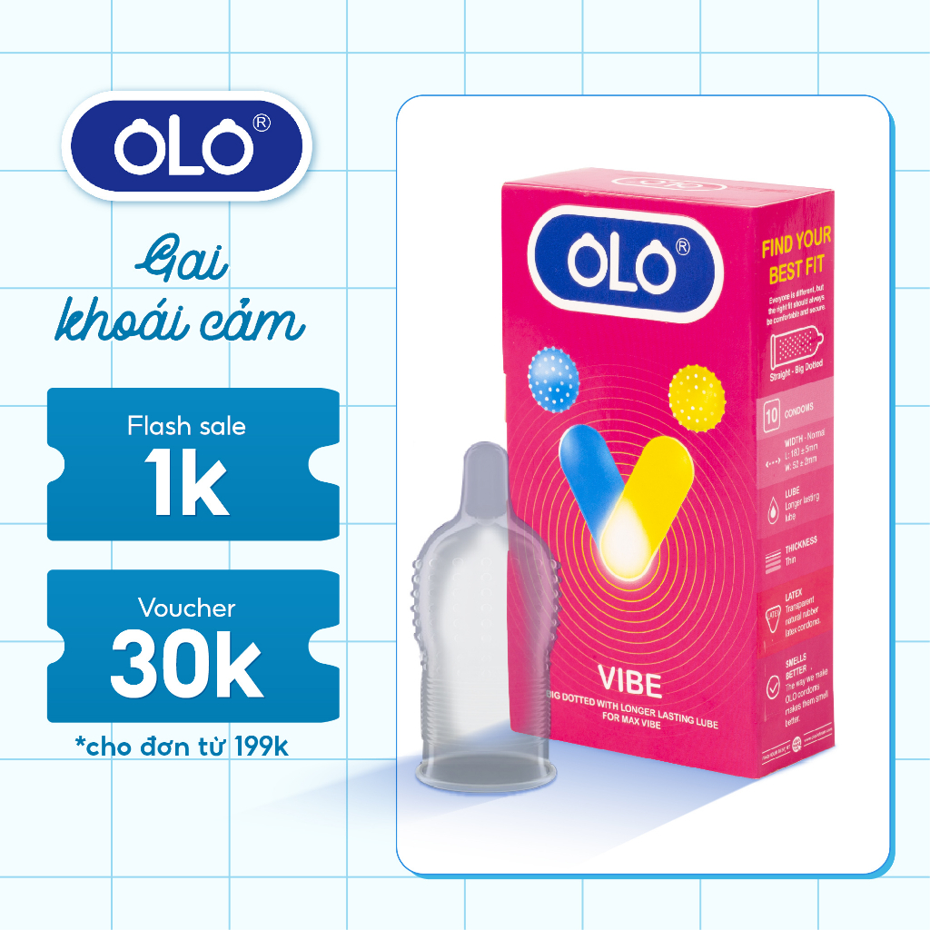 Bao cao su OLO Vibe hộp 10 cái - rung cảm, size 52mm, hương dâu, gai lớn, siêu kéo dài thời gian, đẳng cấp