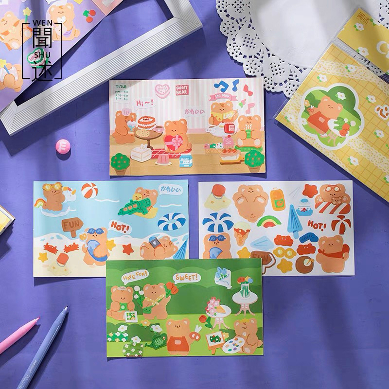 Set Sticker Hình Gấu Nâu Trang Trí Sổ Phong Cách Hàn Quốc Có Giấy Nền