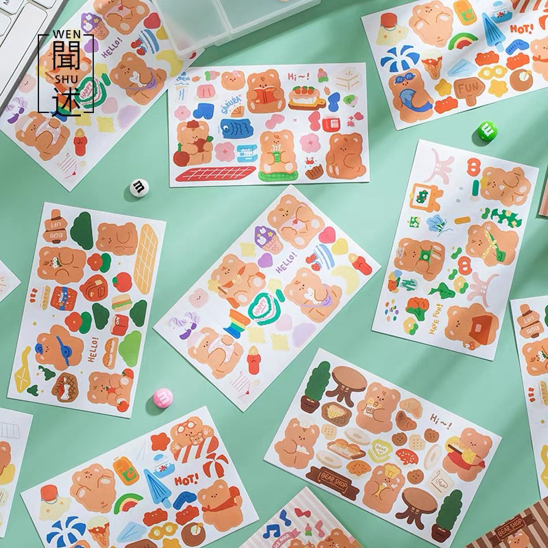 Set Sticker Hình Gấu Nâu Trang Trí Sổ Phong Cách Hàn Quốc Có Giấy Nền