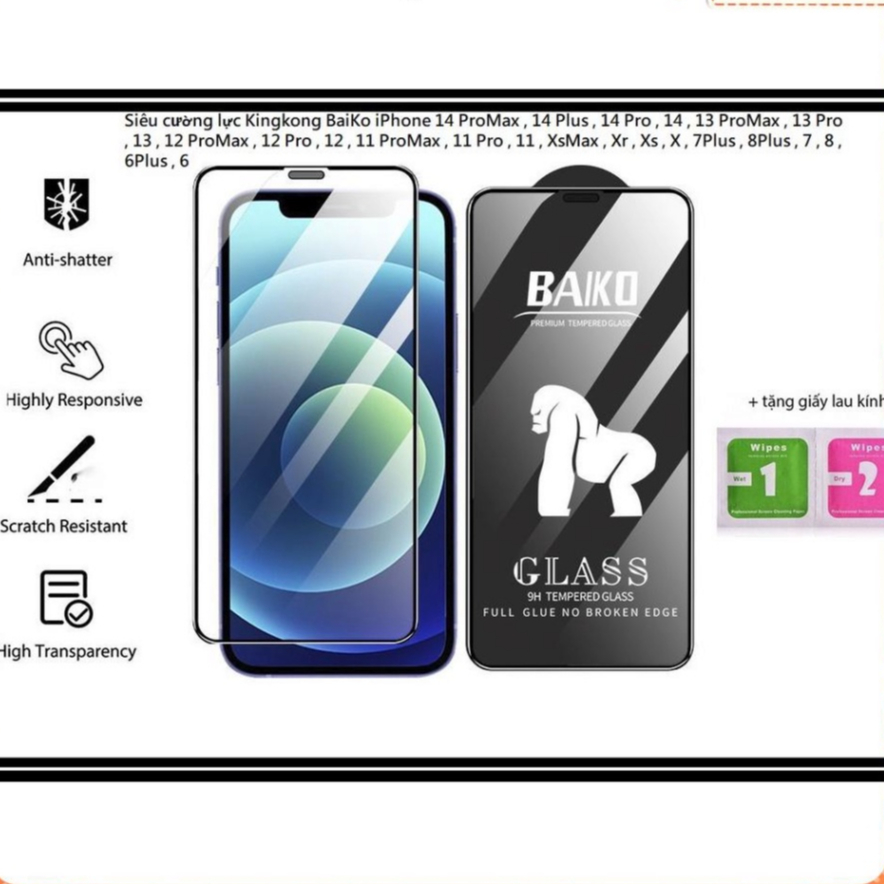 Kính Cường Lực iPhone Kingkong Baiko 14 Pro Max , 14 Plus , 14 , 13 Pro Max , 13 , 12 Pro Max , 12 , 11 Pro Max , 11 ,Xs