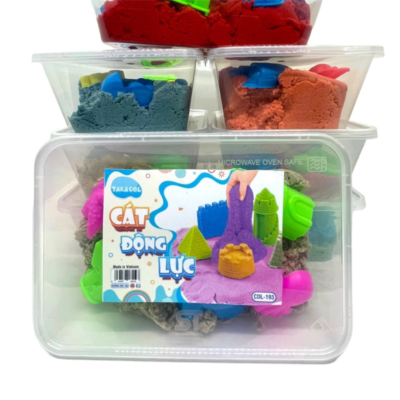 Hộp 200gram có khuôn chơi kèm Cát động lực TAKACOL sản xuất tại Việt Nam.