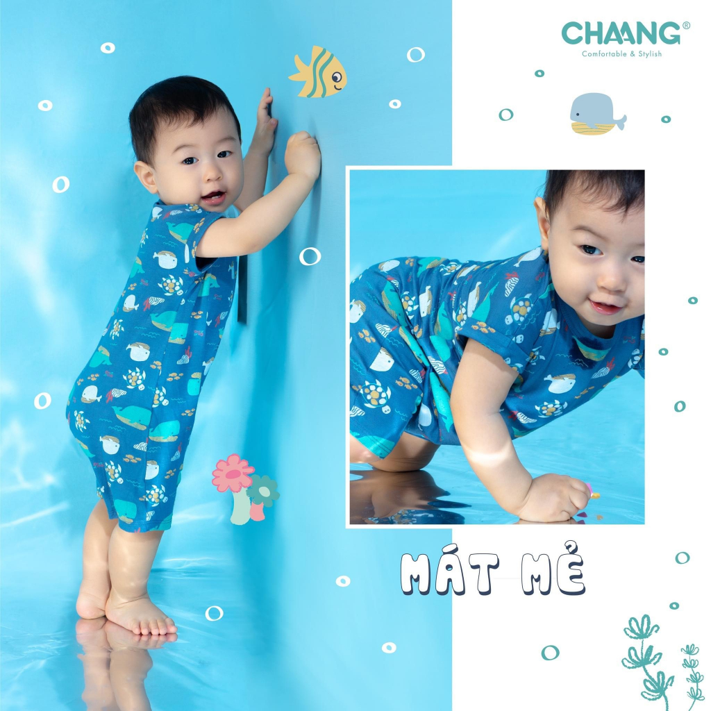 3-6M Bộ body cộc tay cúc vai Sea cá voi cho bé trai, bé gái