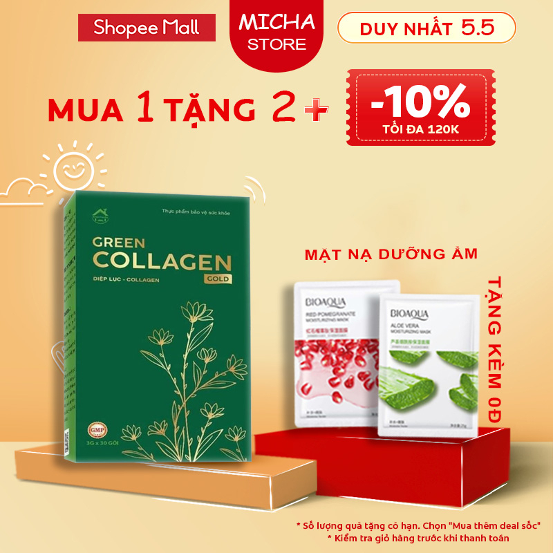 Diệp Lục Collagen Mẫu Mới chính hãng hỗ trợ giảm mụn mờ thâm Căng Mịn Sáng Da hộp 30 gói