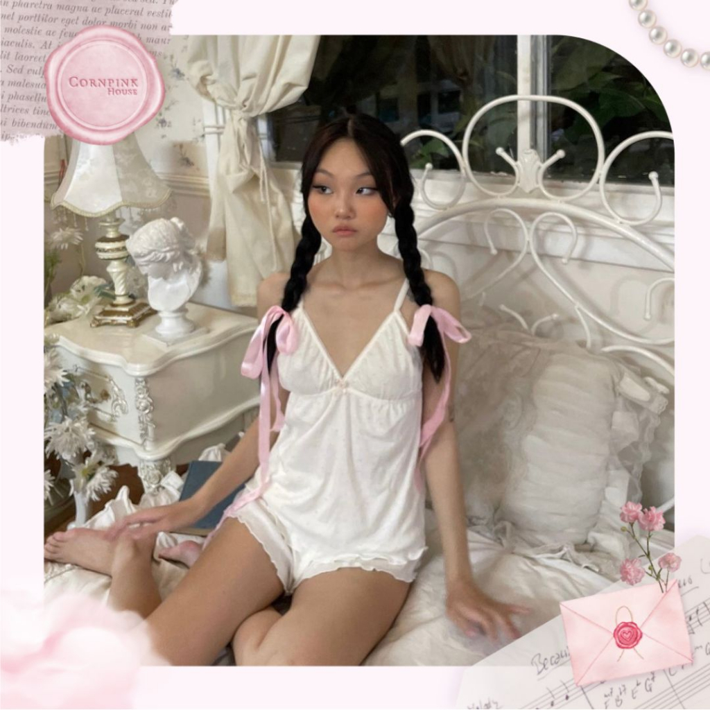 Cornpink House ✿𝓑𝓮́𝓫𝓲✿ | Bộ đồ ngủ nữ hai dây cotton coquette | Họa tiết chấm bi hoa | Đồ ngủ nữ dễ thương