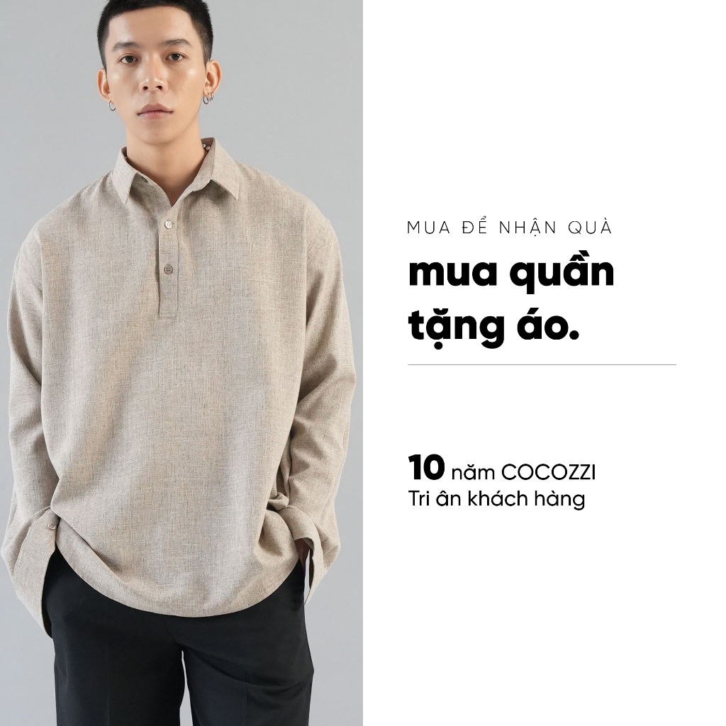 Áo Sơ Mi Nam COCOZZI Sleeve Shirt Màu Nâu, Dòng Áo Nam Tay Dài Chất Liệu Linen Từ Sợi Lanh Cao Cấp Thấm Hút Tốt.