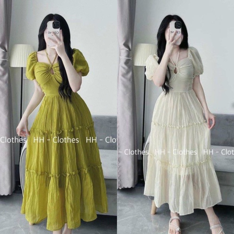 Đầm tiểu thư, váy đi biển dáng dài dây buộc cổ rút ngực chất đũi tơ hai lớp dạo biển sang chảnh