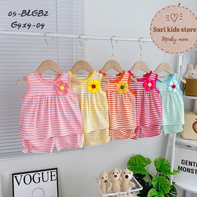 💖 Bộ sát nách minly baby - Bộ sát nách minky mom dáng babydoll vải sọc dệt visco đính hoa ở ngực cho bé gái
