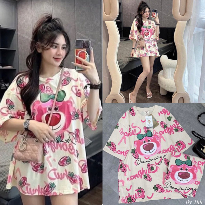 Áo phông Gấu Dâu họa tiết in kín  - Áo thun  nam nữ tay lỡ unisex  phong cách hàn quốc