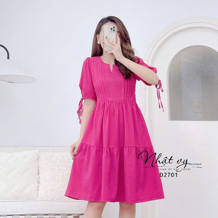 Đầm váy bầu babydoll đi chơi MAIHOUSE cổ cách điệu phối xếp ly ngực tay lửng cột nơ chất linen thun sang chảnh - D2701