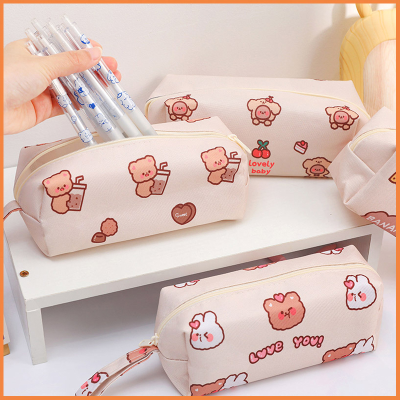 Túi Bóp Đựng Bút Viết Vải Canvas Cute Phong Cách Hàn Quốc In Họa Tiết Hoạt Hình Gấu Dễ Thương Cỡ Lớn