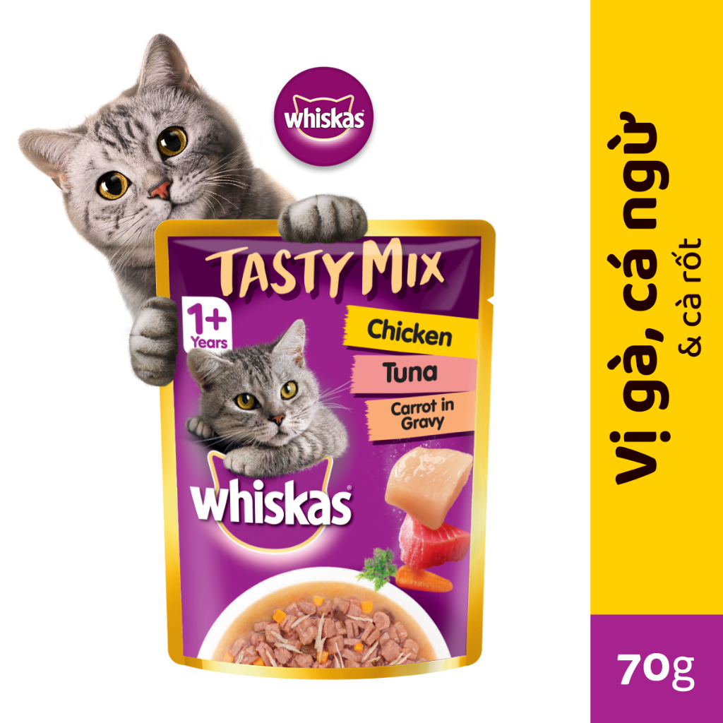 [Quà tặng không bán] WHISKAS Tasty Mix Thức ăn cho mèo trưởng thành dạng sốt  túi 70g vị Gà, Cá ngừ và Carrot