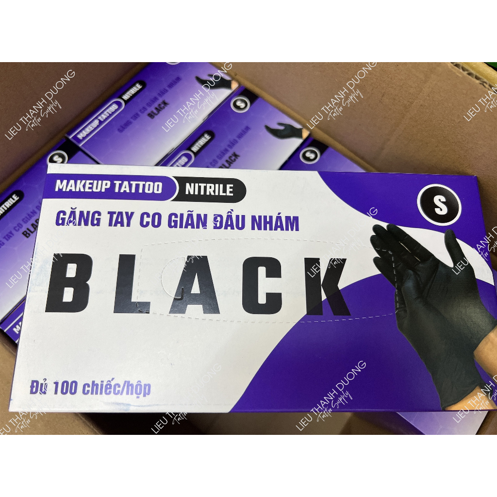 Găng Tay Không Bột Màu Đen BLACK Nhám Ngón,HỘP 100 CÁI Găng Tay Co Dãn Dùng Phun Xăm,Thẩm Mỹ, Tattoo Size S-
