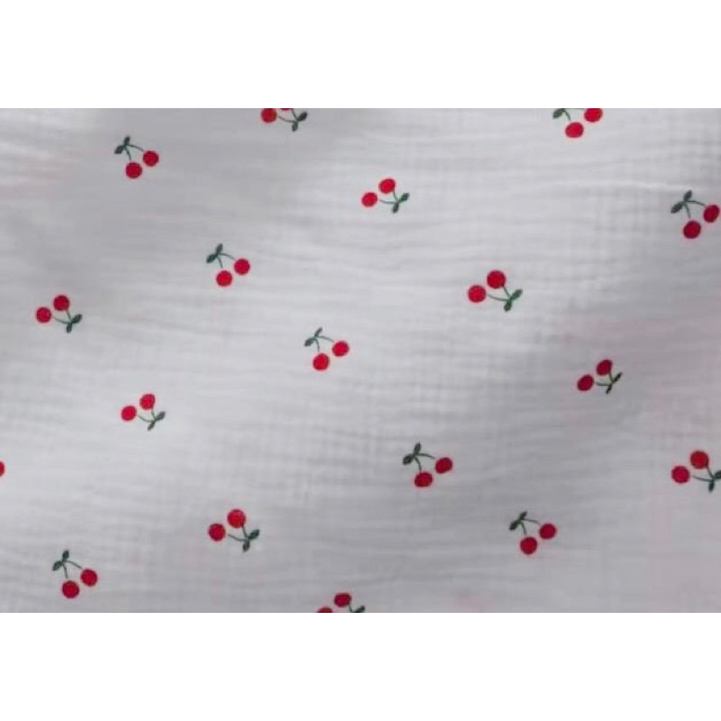 (Sale 63k/m) Vải xô muslin cao cấp hình cherry 2 lớp nền trắng tinh