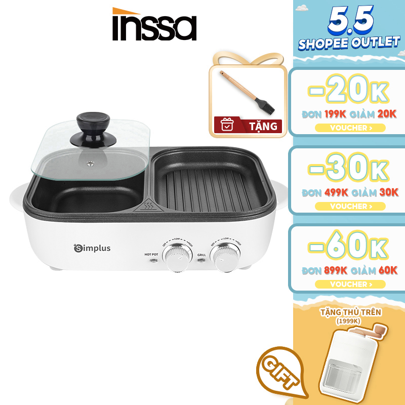 INSSA Bếp nướng điện đa năng 2in1, nồi lẩu nướng 2 ngăn cao cấp tiện lợi cho gia đình ký túc xá