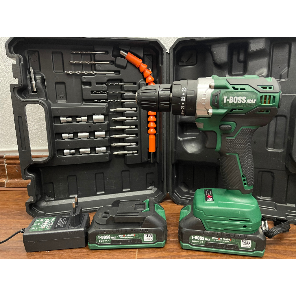 Máy khoan pin đầu 10mm 21v T-Boss có phụ kiện, động cơ từ không chổi than hàng chính hãng siêu bền