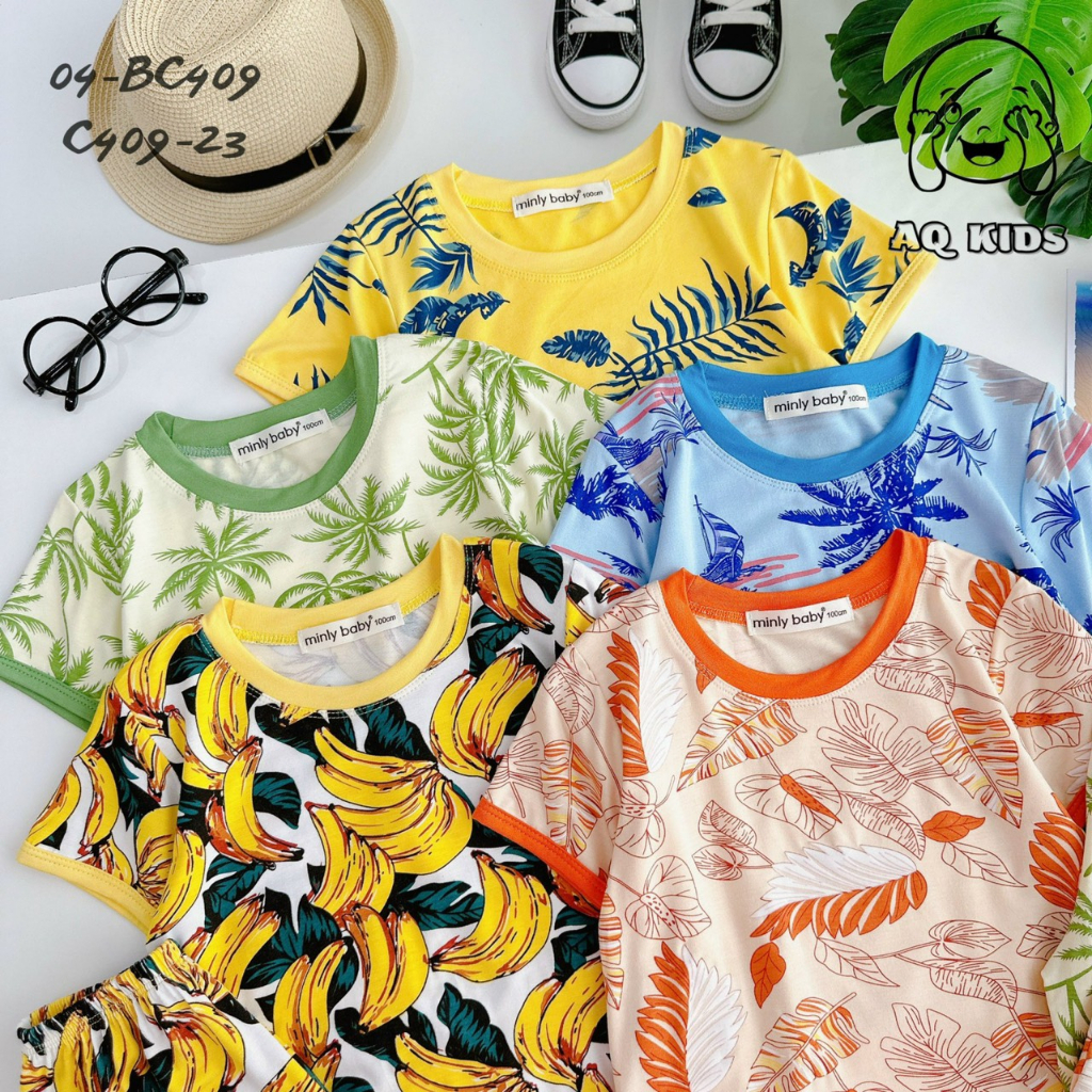 Bộ ngắn tay Minky Mom  vải thun lạnh mềm mịn in họa tiết đi biển màu sắc tươi sáng cho bé