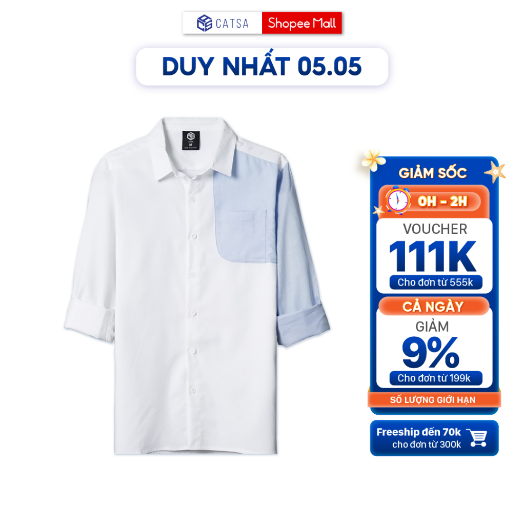 Áo sơ mi nam tay dài trắng phối xanh, phong cách, thoải mái CATSA ASC282