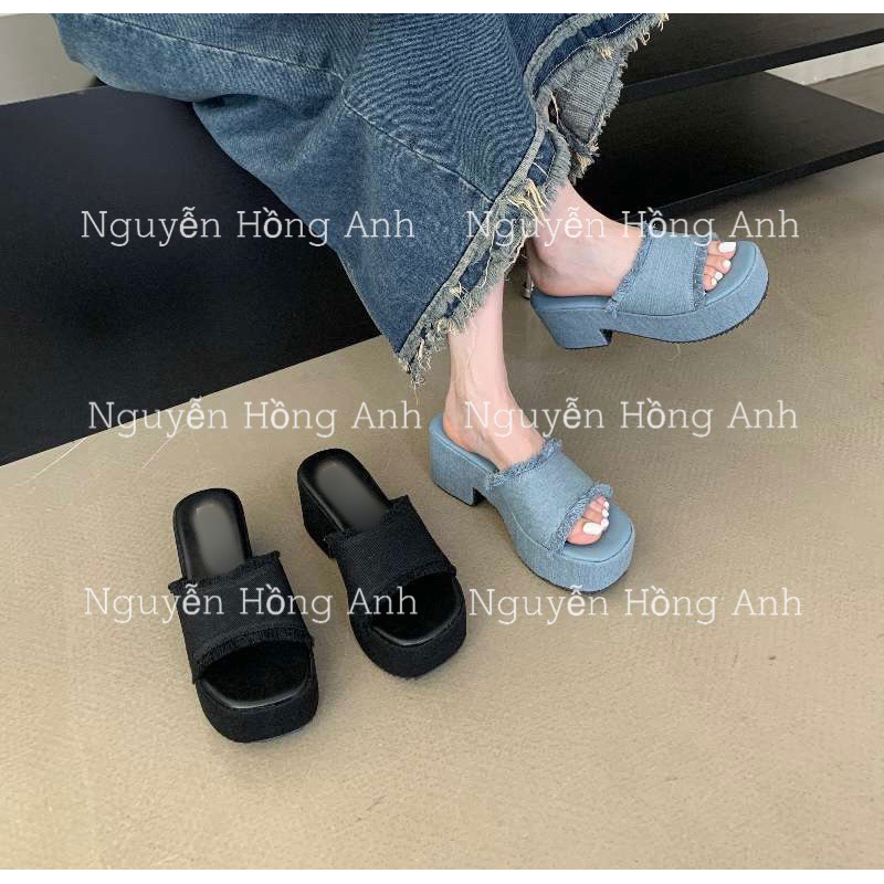 dép guốc quai ngang vải jean bò đế xuồng cao 6p cho nữ - mã 80