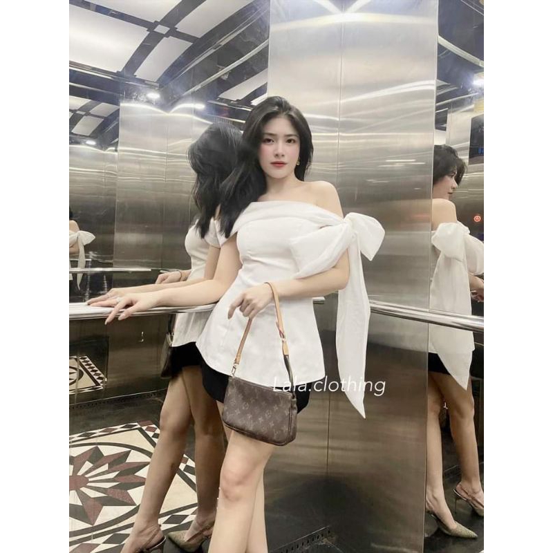 💋Áo trễ vai pha tơ nơ bánh bèo🌸🌸