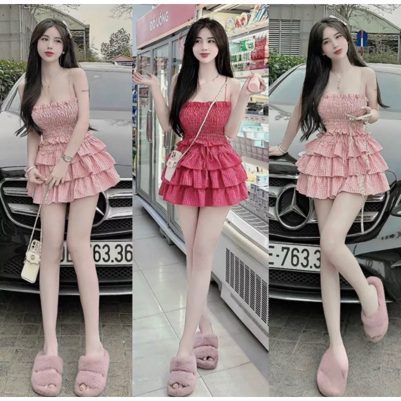 Bigsize Set caro áo nhúng chân váy tầng 55-95kg
