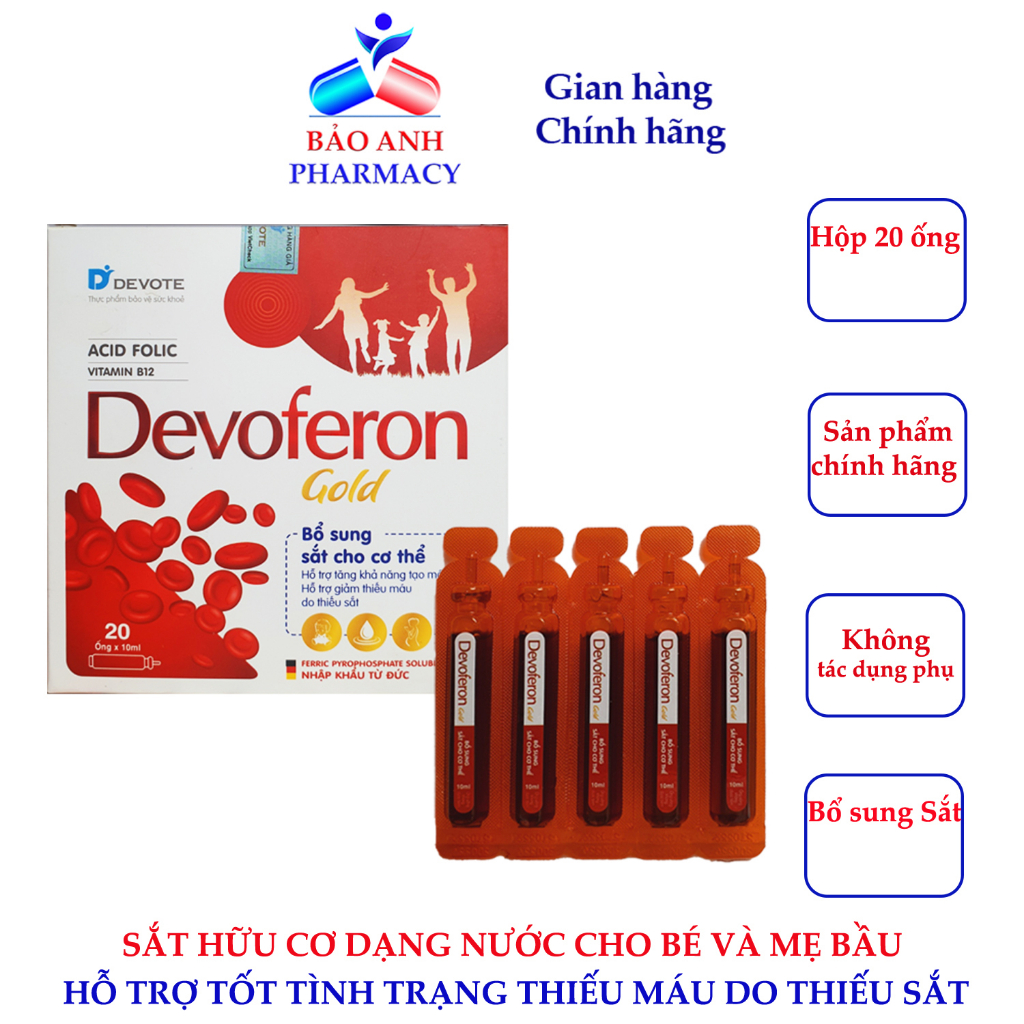 Sắt hữu cơ dạng nước Devoferon Gold – Bổ sung Sắt hữu cơ, Acid Folic, Vitamin B12, FOS Giúp bổ máu, tái tạo máu H 20ống
