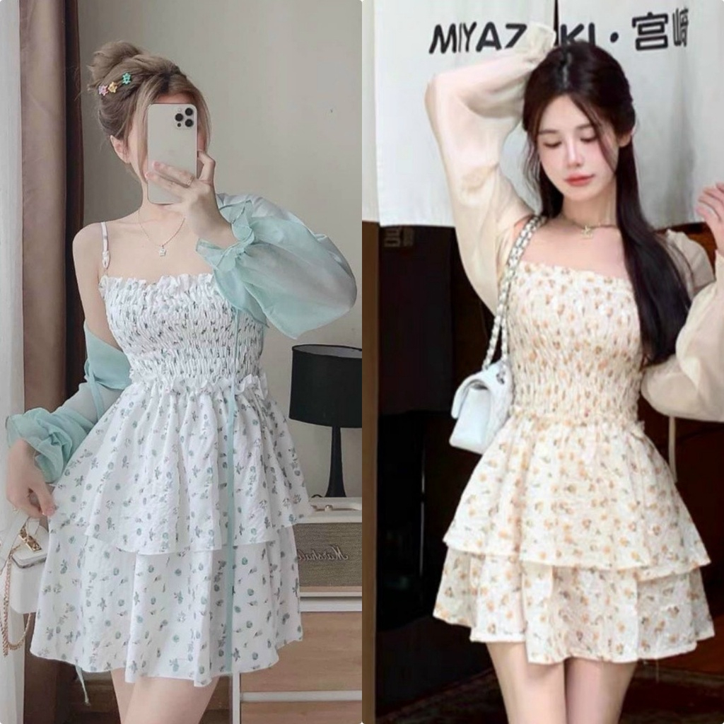 Sét 2 món áo khoác voan tay dài cột nơ kèm đầm hai dây bèo tầng họa tiết hoa tôn dáng thanh lịch cực xinh T245 - Yado
