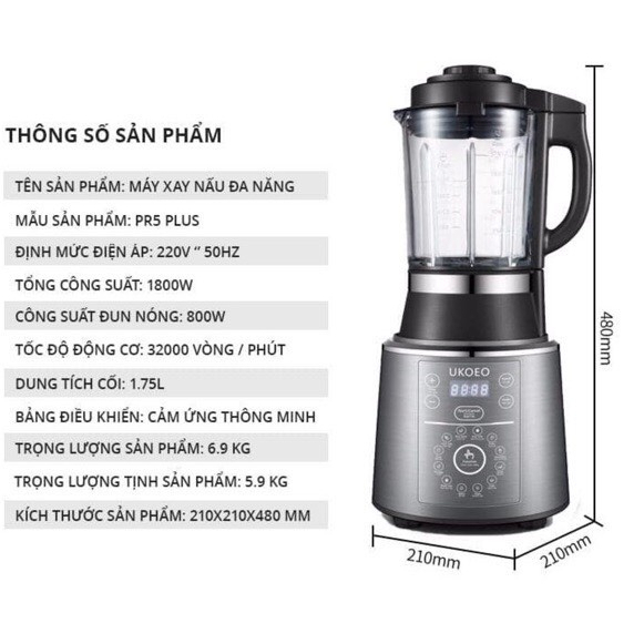 Máy Làm Sữa Hạt UKOEO PR5 Plus, Máy Làm Sữa Hạt UKOEO  - Nắp INOX- Bảo Hành 12 Tháng