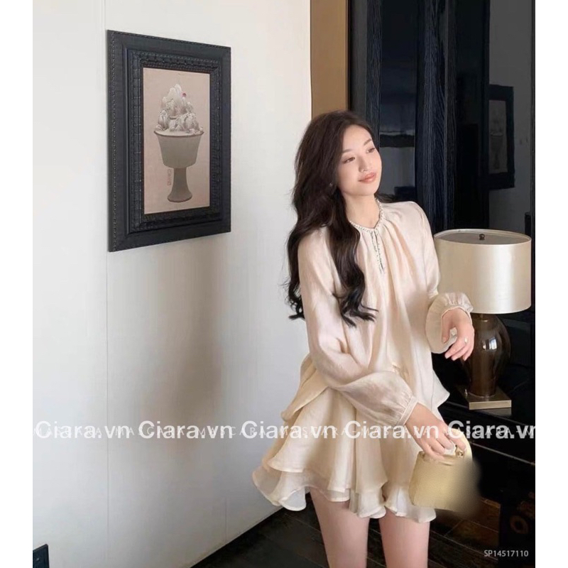 Set voan tơ kèm chân váy bồng (be/ghi xanh)