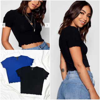 Áo croptop ôm cổ tròn xoăn lai thun bo gân đũa, có 2màu