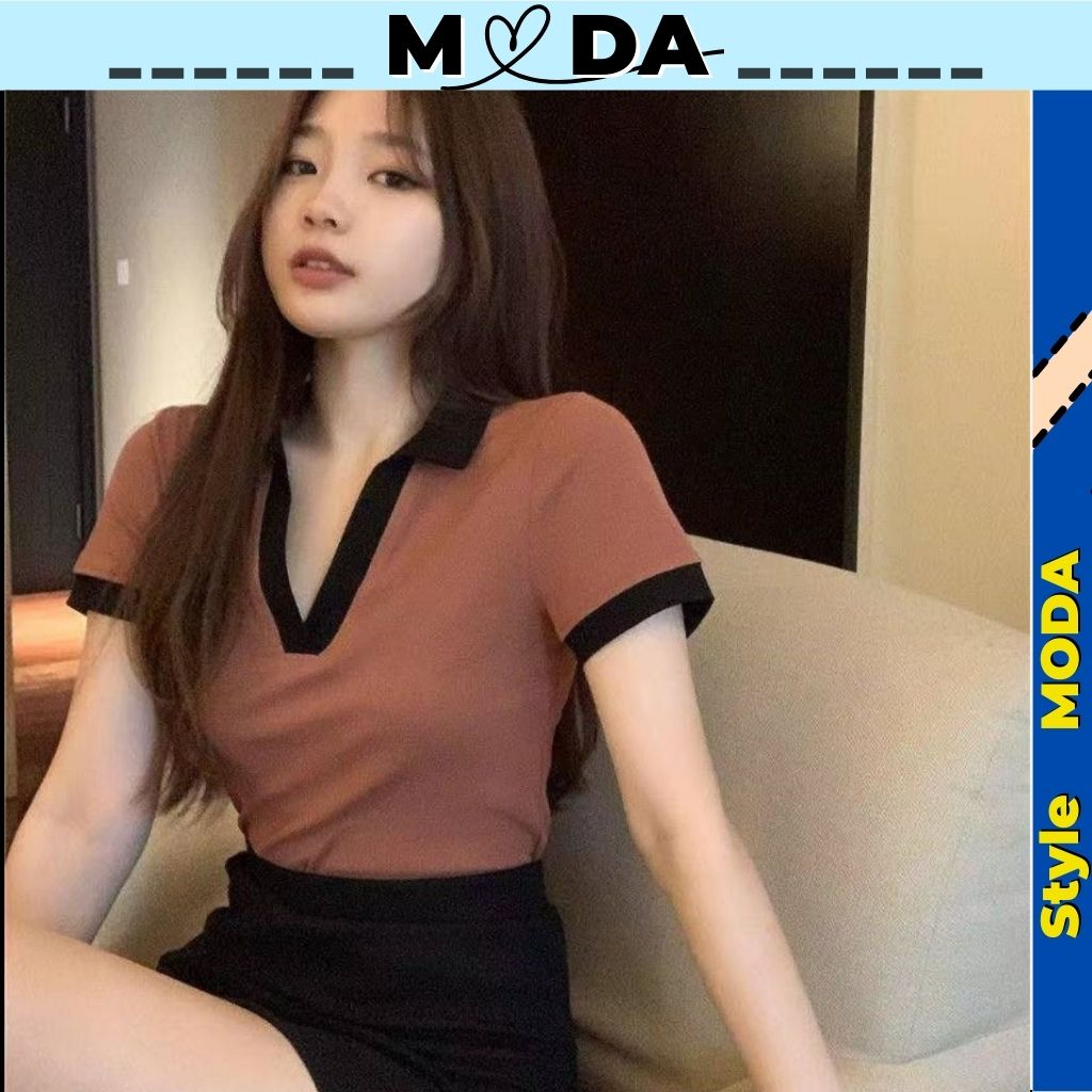 Áo thun nữ tay ngắn có cổ chữ V gợi cảm phong cách hàn quốc cho nữ, Áo phông polo nữ siêu đẹp và dễ thương MODA T006