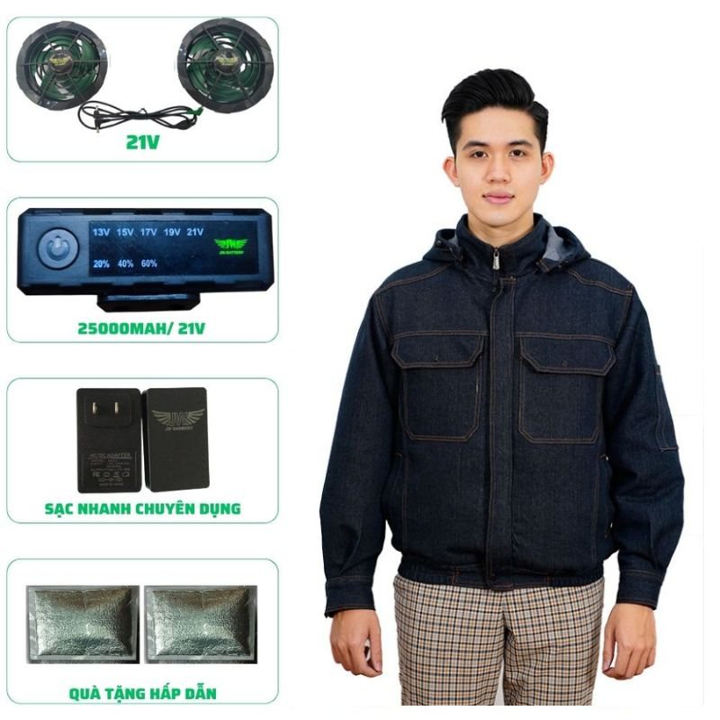 Áo điều hòa Nhật Bản vải bò denim đầy đủ quạt pin 25000 mAh, bảo hành 12 tháng