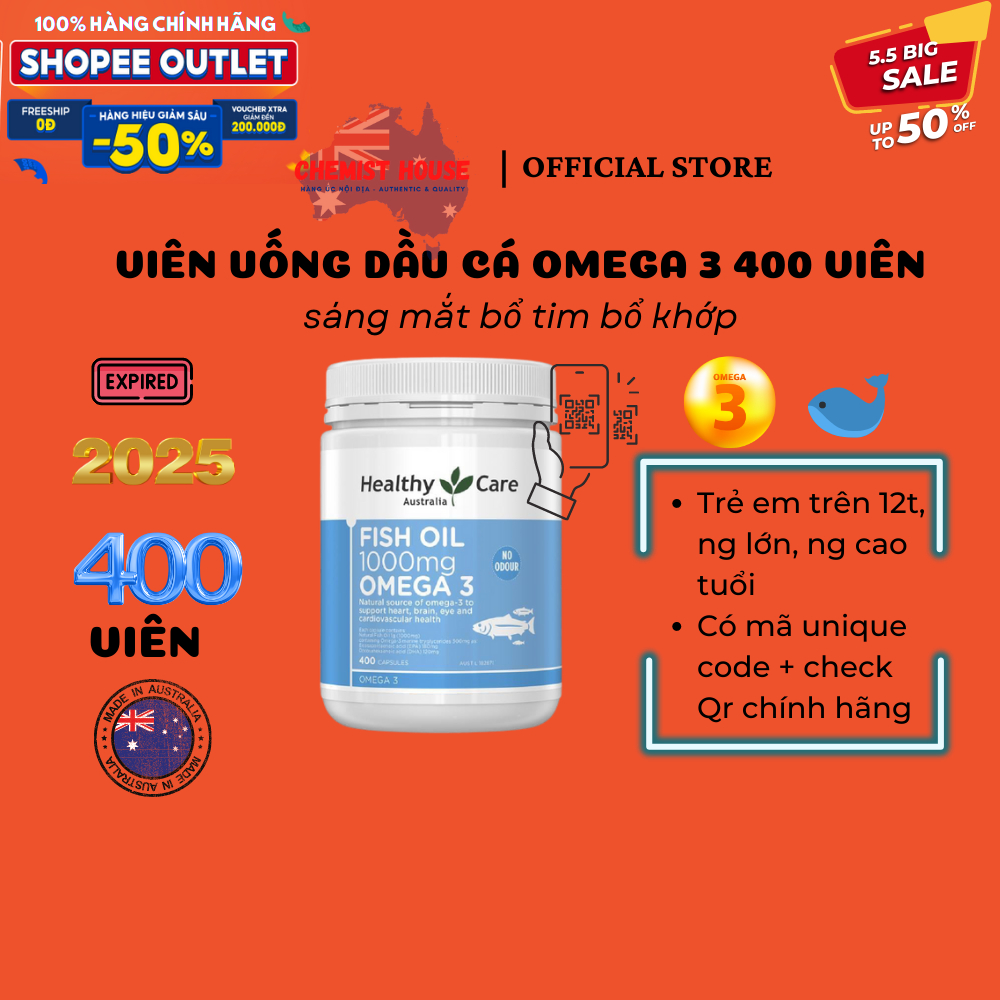 Healthy Care Fish Oil 1000mg Omega 3 - Dầu cá Omega 3 400 viên