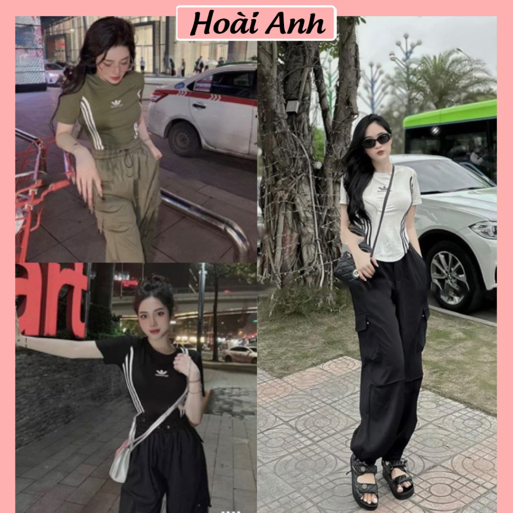 Set Bộ Thể Thao Nữ Áo Croptop Adidas Phối Sọc Mix Quần Boom Túi Hộp Freesize