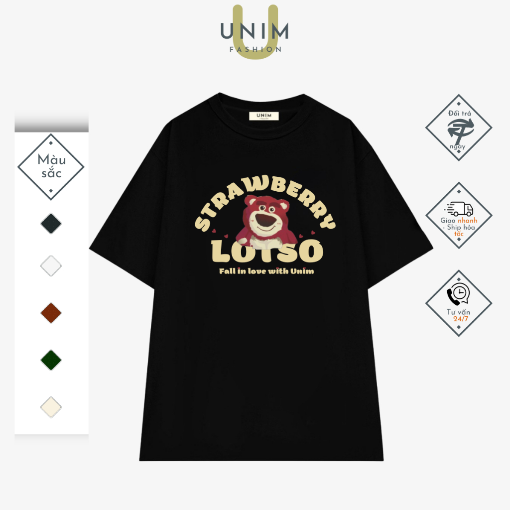 Áo Phông Gấu Dâu Màu Đen Tay Lỡ Local Brand Unim Store 100% Cotton 260gsm Cao Cấp Lotso Strawberry UNIM-Đen