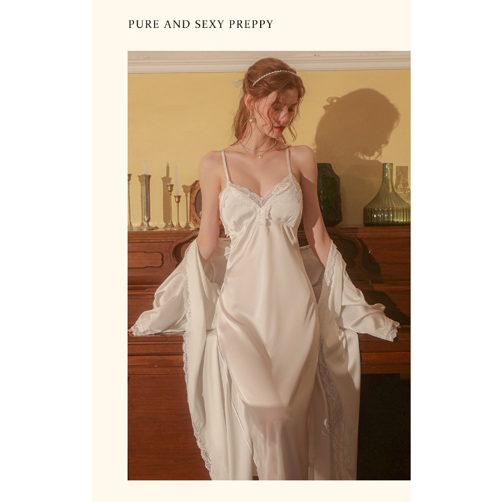 Váy Ngủ Lụa Hai Dây LADY QUEEN Dáng Dài Phối Ren Cao Cấp - LV2058