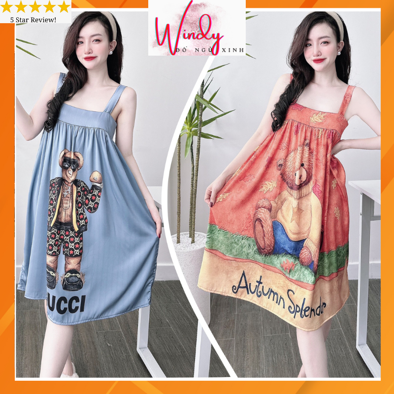 Đầm ngủ đẹp, váy mặc nhà 2 dây dễ thương quyến rũ chất lụa latin 3D mịn mát freesize dưới 62kg WINDY