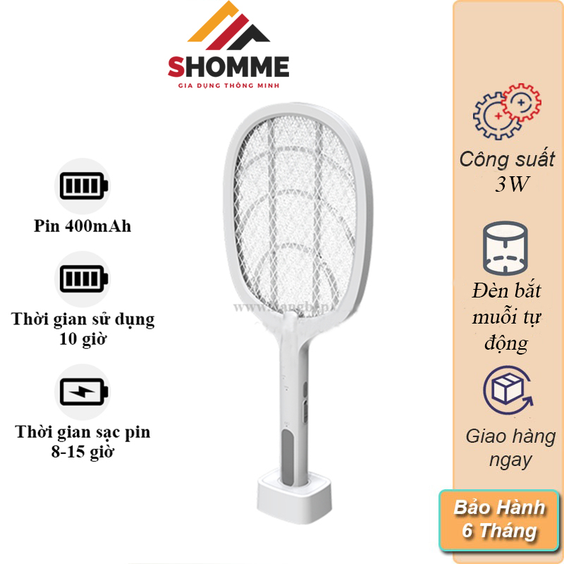 Vợt Muỗi kiêm Đèn Bắt Muỗi 2 trong 1 SHomme - Pin sạc cao cấp 1200 mah - Có đế vợt - Bảo hành 3 tháng 1 đổi 1