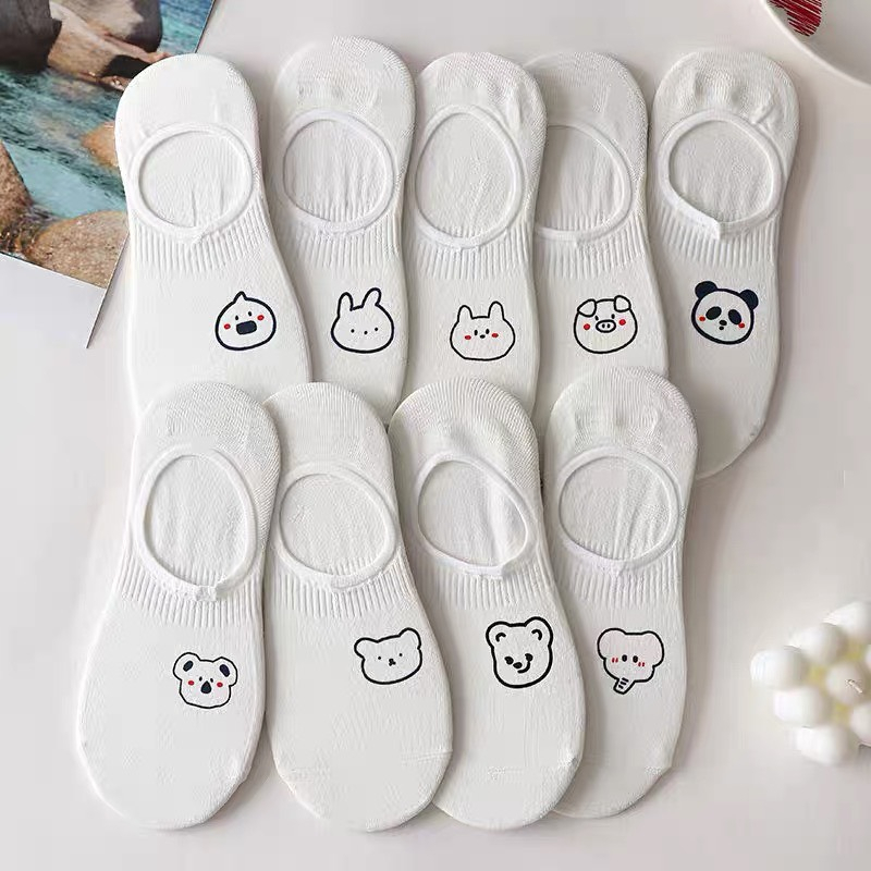 Tất cổ ngắn, vớ tất lười nửa bàn chân nữ màu trắng họa tiết hình thú dễ thương