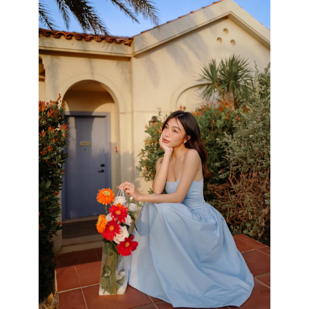 Đầm dây midi tùng nhún thời trang GAGO màu xanh baby GG4364