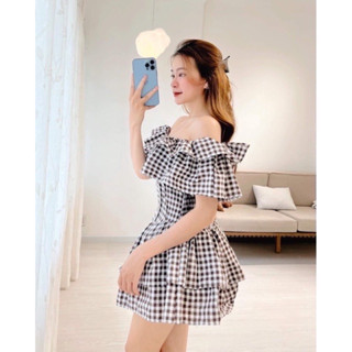 Đầm trễ vai kẻ caro bèo tầng tiểu thư 250 - Briebrie