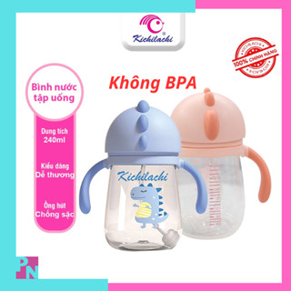 Bình tập uống nước cho bé Bình nước 240ml có ống hút Kichi Bình nước chống sặc chống đổ hình khủng long (không BPA)