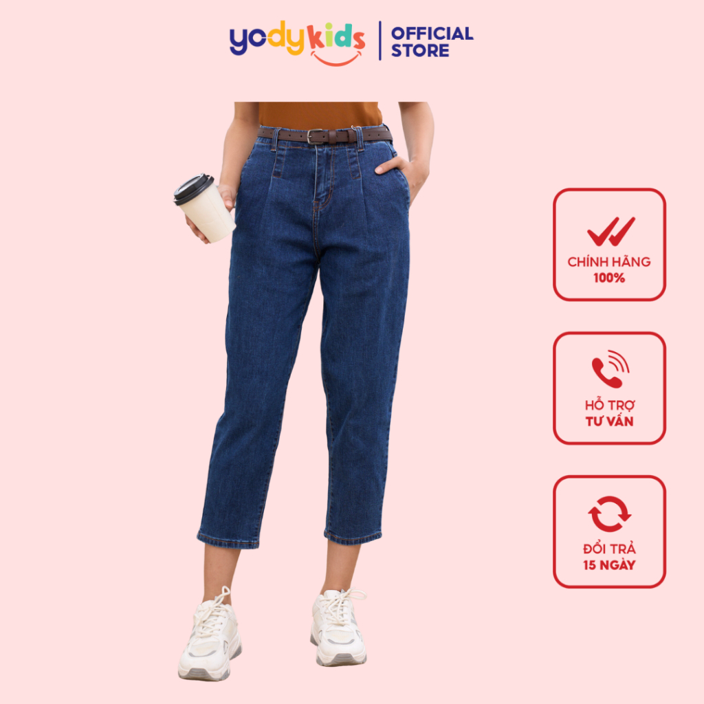 Quần bò nữ YODY jean baggy cạp cao ống lửng chất bò co giãn tốt QJN3076